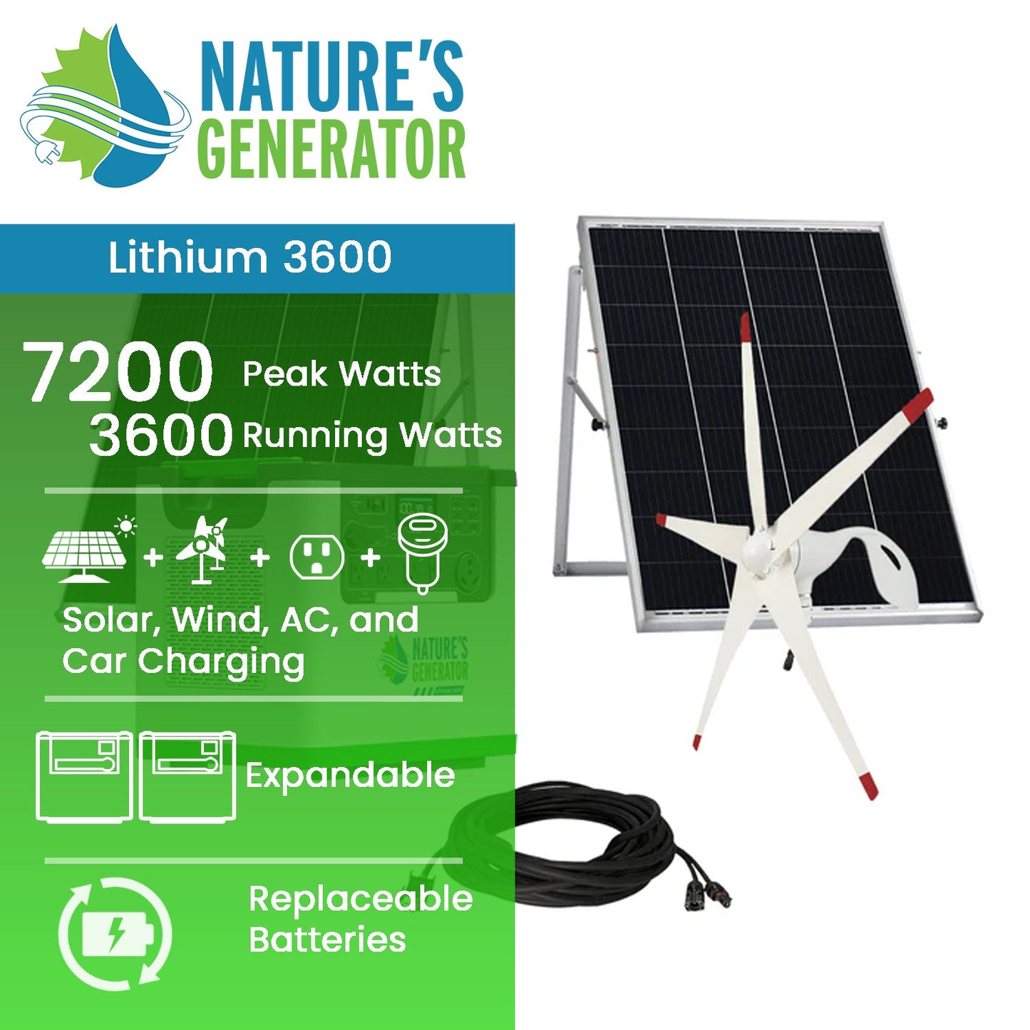 Lithium 3600 Solar + Wind Generator 7200W + Portable Generator For Home Backup